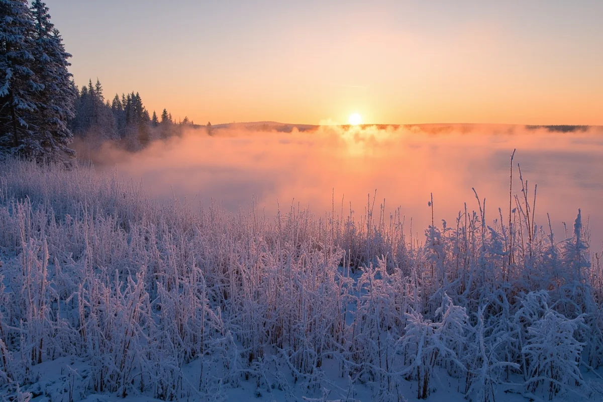 Frost-covered landscape at sunrise near Flathead Lake with steam rising from the water