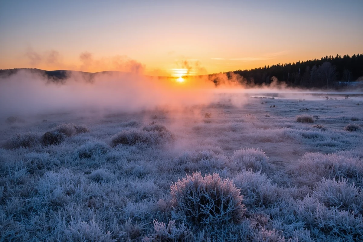 Frost-covered landscape at sunrise near West Yellowstone with steam rising from thermal features