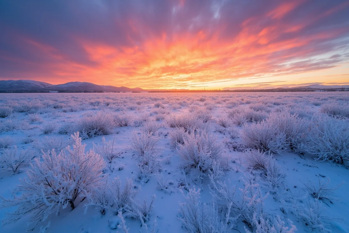 Frost-covered landscape in Montana during winter sunrise, showing the dramatic beauty of extreme cold