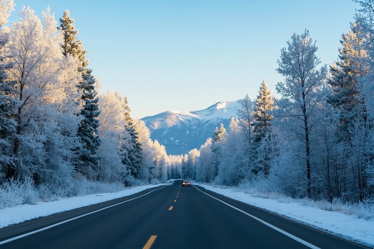 Frost-covered trees along a Montana highway with mountains in background