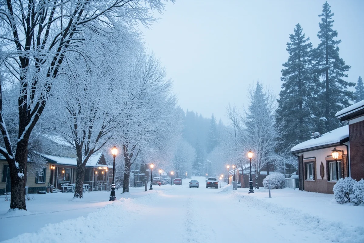 Frost-covered trees and buildings in a Montana town during extreme cold