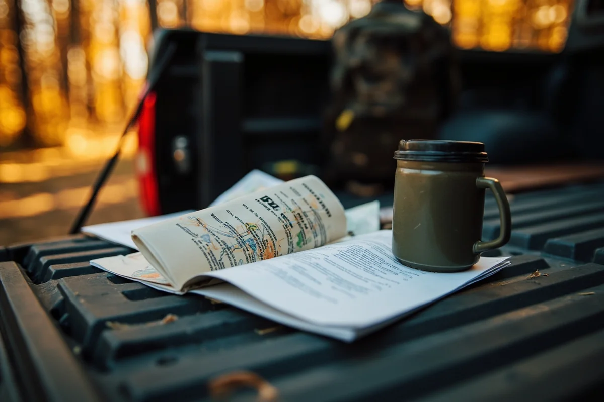 FWP regulation booklet open on a tailgate with hunting maps and a coffee mug in an autumn camp setting