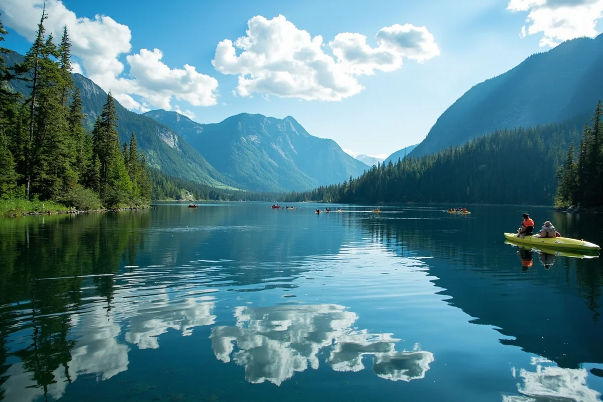 Georgetown Lake during summer with kayakers and mountain reflections