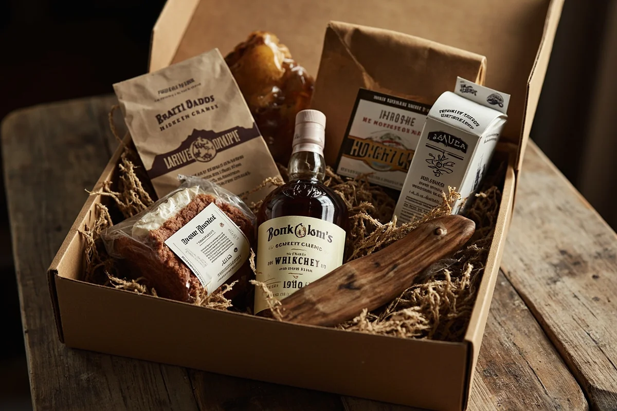 Gift box featuring assorted Montana brand products including whiskey, flour, and artisan goods