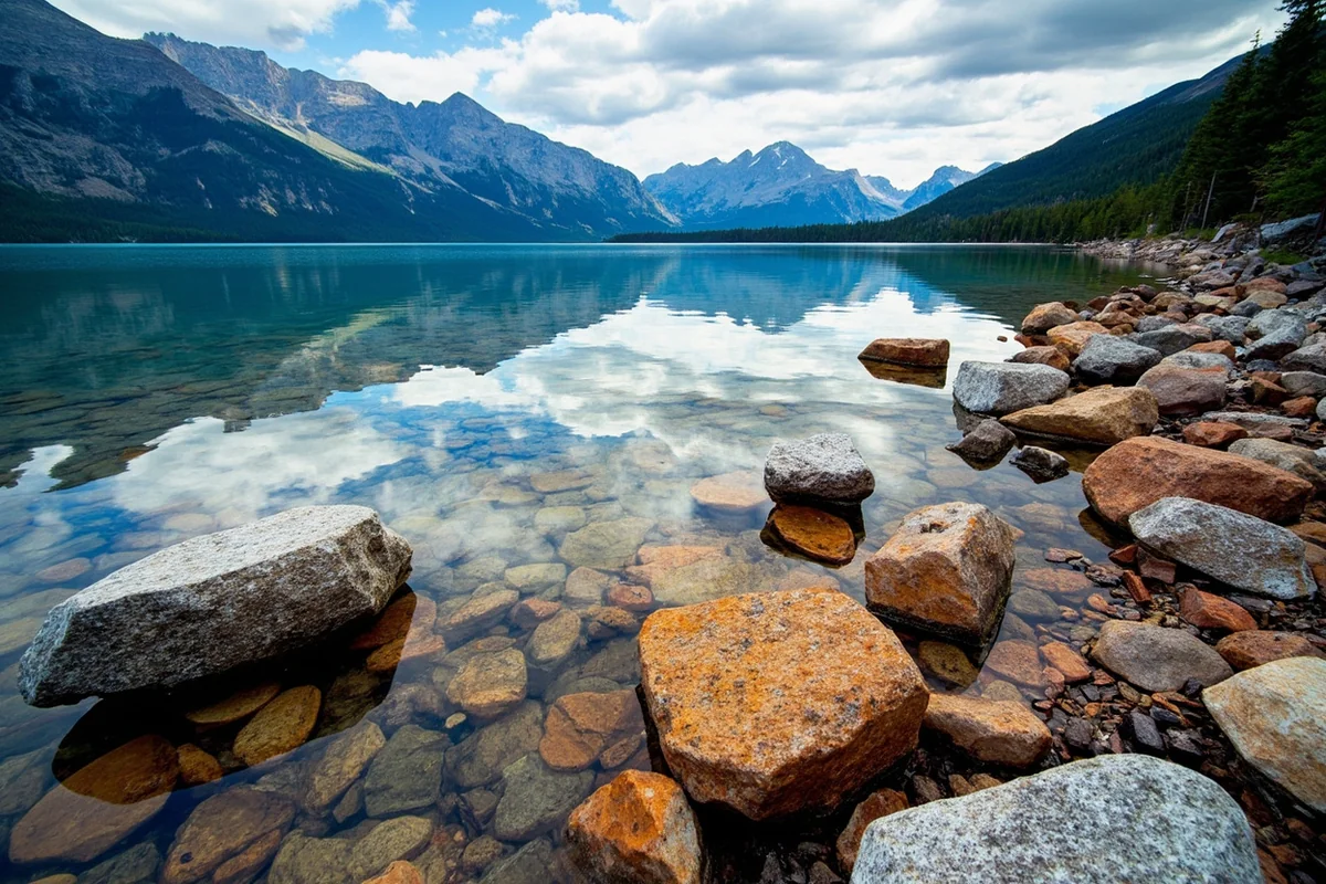 Glacier National Park's Lake McDonald with colorful rocks and mountain backdrop