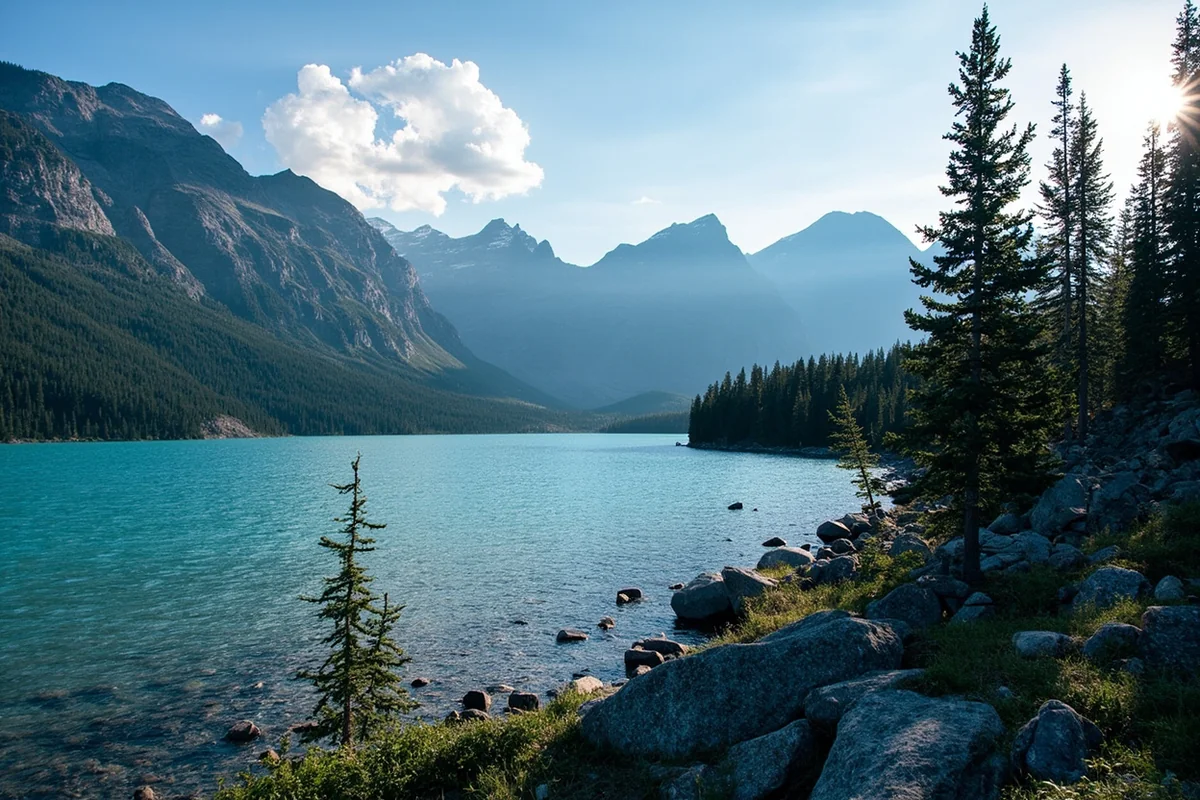 Glacier National Park's Many Glacier area with Swiftcurrent Lake and mountain backdrop