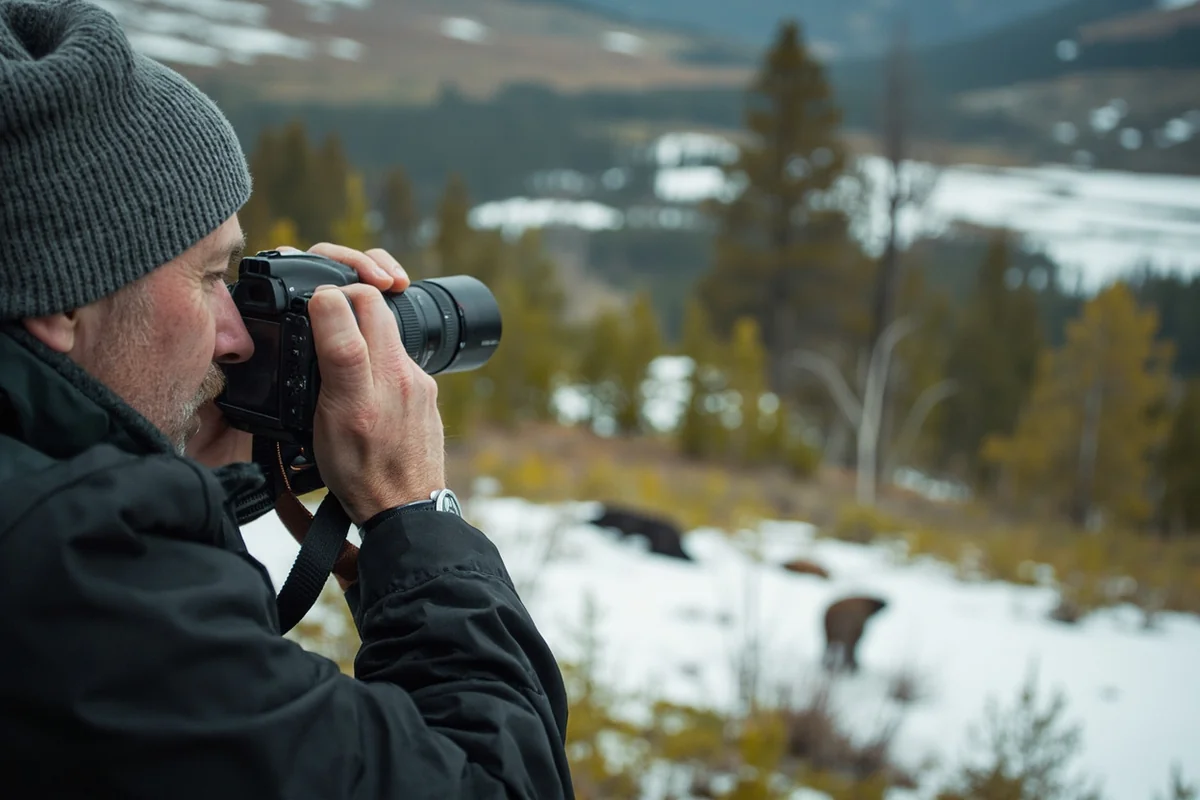 Glassing from a high vantage point overlooking Montana spring bear habitat with patches of snow and emerging green vegetation