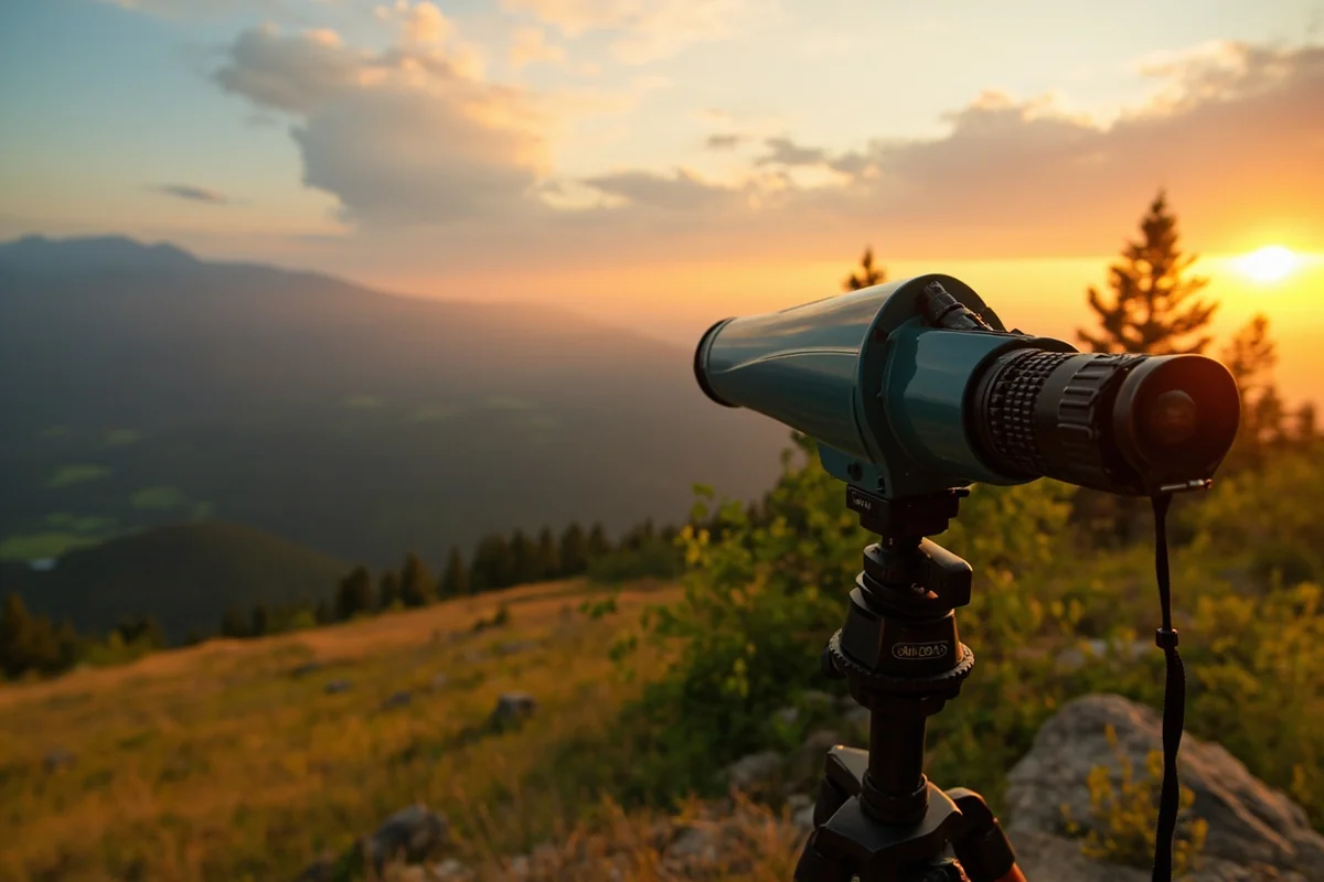 Glassing setup with binoculars on tripod overlooking spring Montana mountain landscape at sunrise