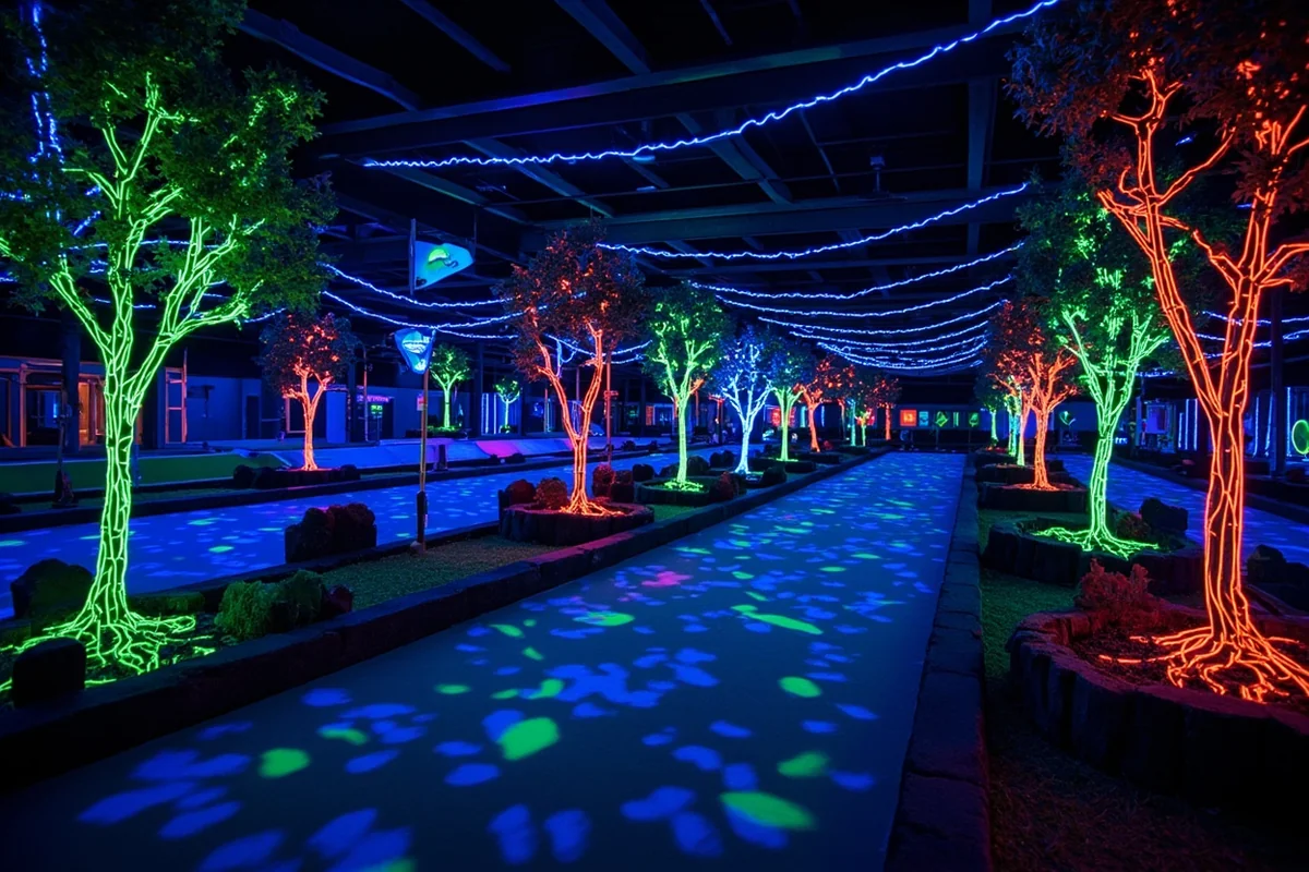Glow-in-the-dark blacklight mini golf course with neon decorations