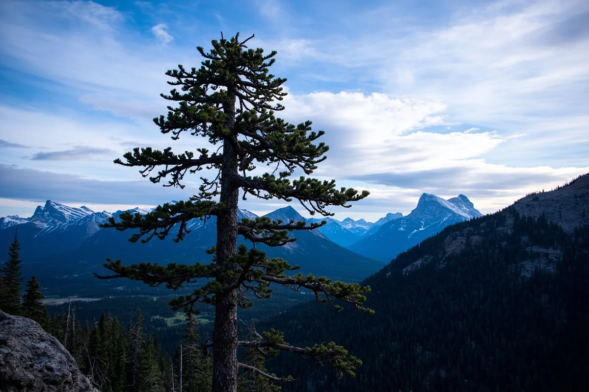 Gnarled whitebark pine silhouetted against alpine sky near Logan Pass, Glacier National Park