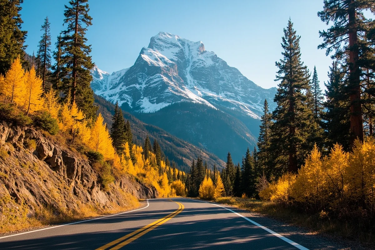 Going-to-the-Sun Road in autumn with golden larch trees and snow-capped peaks