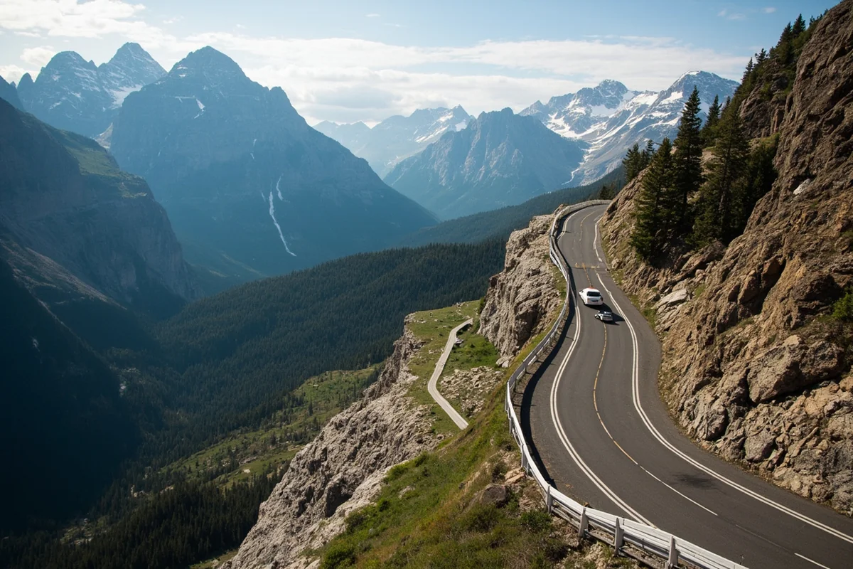 Going-to-the-Sun Road winding along mountain cliff with family car visible