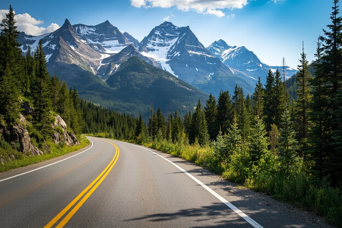 Going-to-the-Sun Road winding along the Garden Wall with snow still visible on mountain peaks in early summer