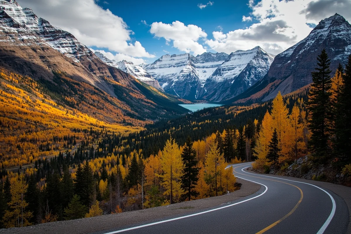 Going-to-the-Sun Road winding through fall colors with first dusting of snow on peaks