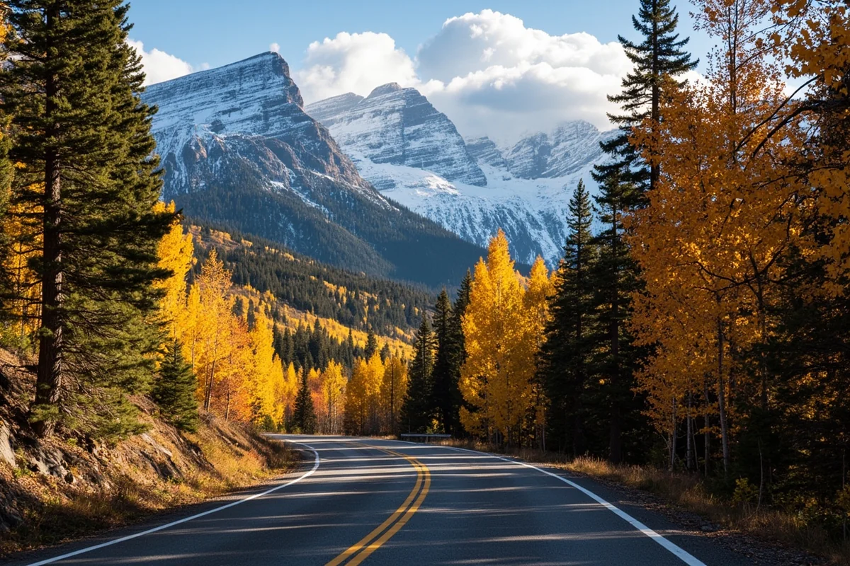 Going-to-the-Sun Road winding through fall foliage with snow-dusted peaks in the background