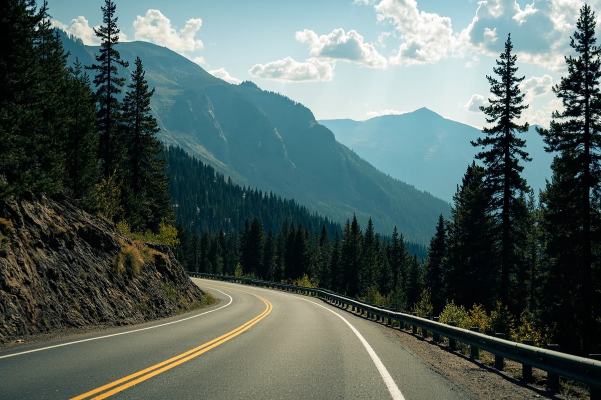 Going-to-the-Sun Road winding through forest with mountain peaks visible in distance