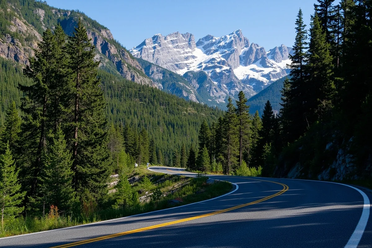 Going-to-the-Sun Road winding through forest with mountain backdrop, showing typical approach route