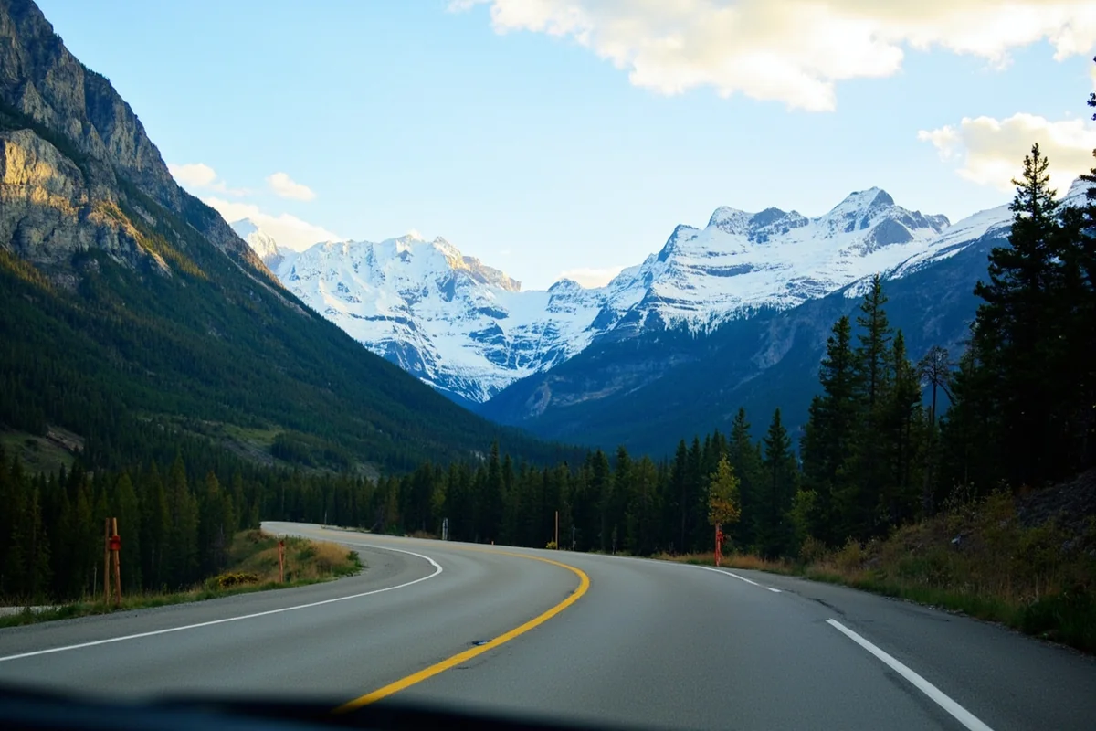 Going-to-the-Sun Road winding through Glacier National Park with snow-capped peaks