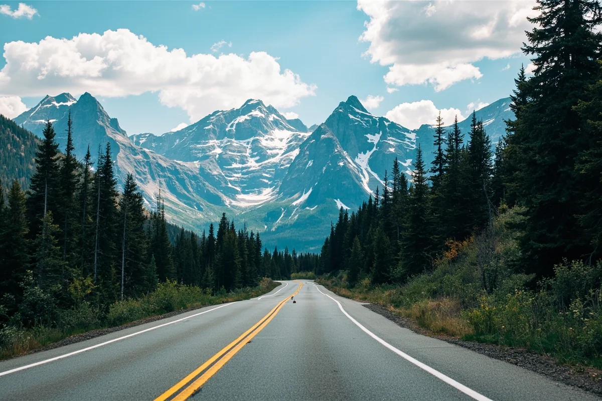 Going-to-the-Sun Road winding through Glacier National Park with snow-capped peaks