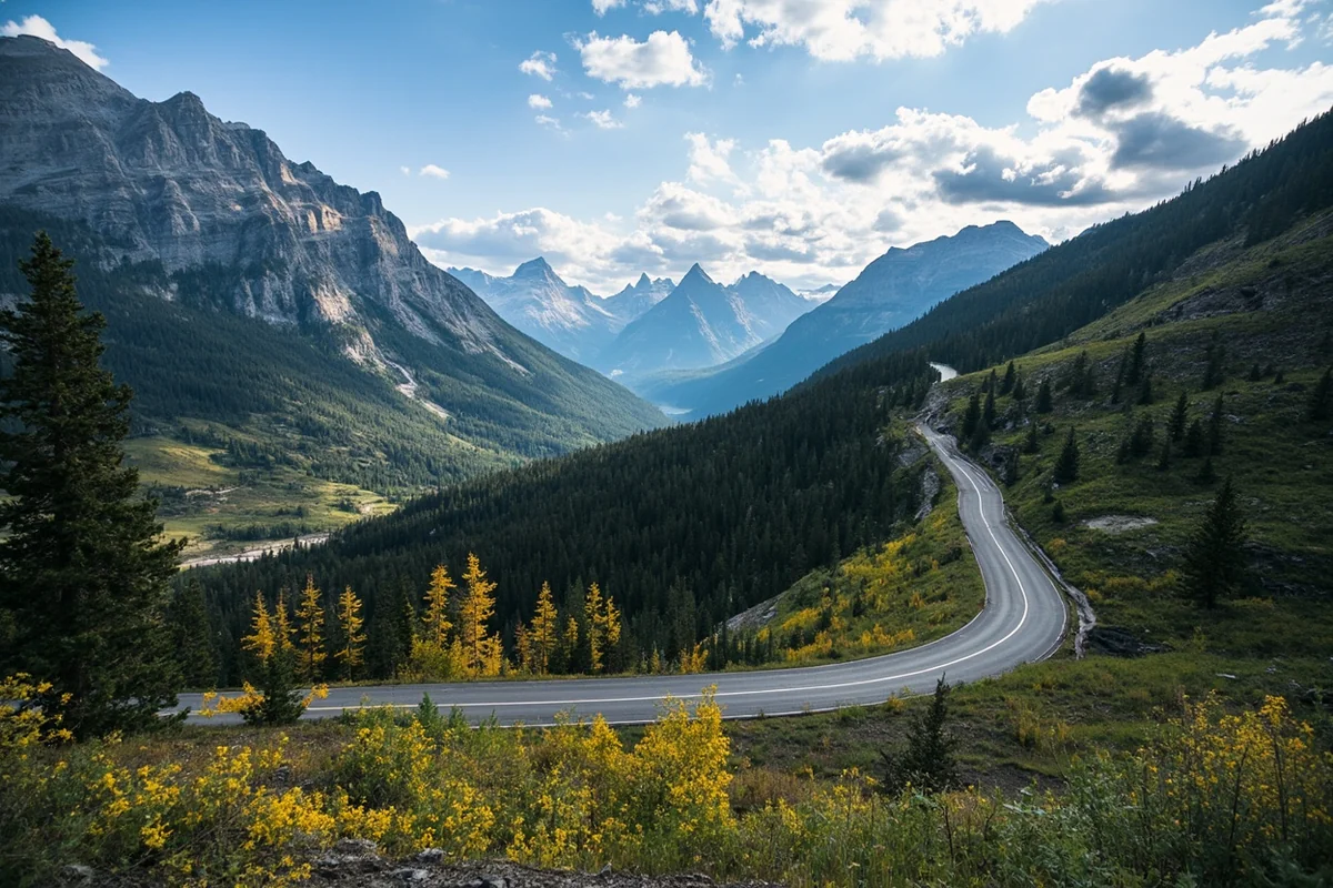 Going-to-the-Sun Road winding through mountain terrain with Logan Pass visible in the distance, summer conditions