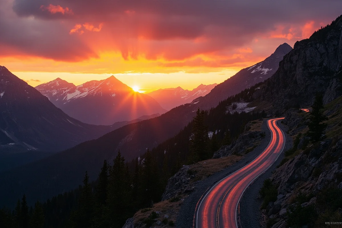 Going-to-the-Sun Road winding through mountains with dramatic sunset lighting
