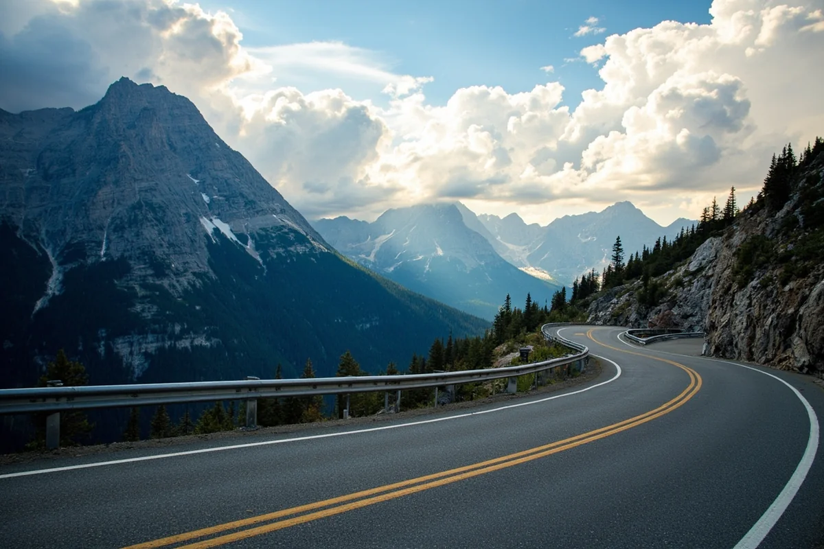 Going-to-the-Sun Road with dramatic mountain backdrop and winding curves