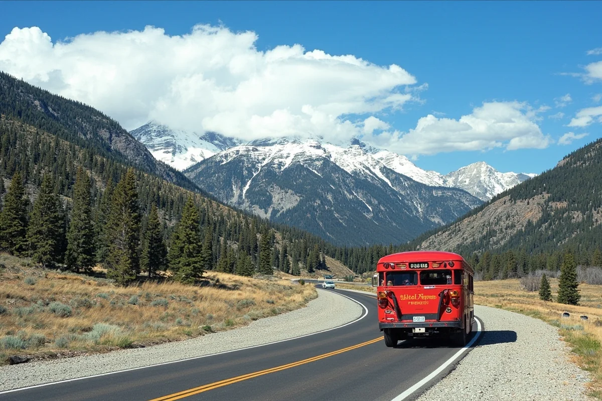 Going-to-the-Sun Road with mountain backdrop and vintage red bus