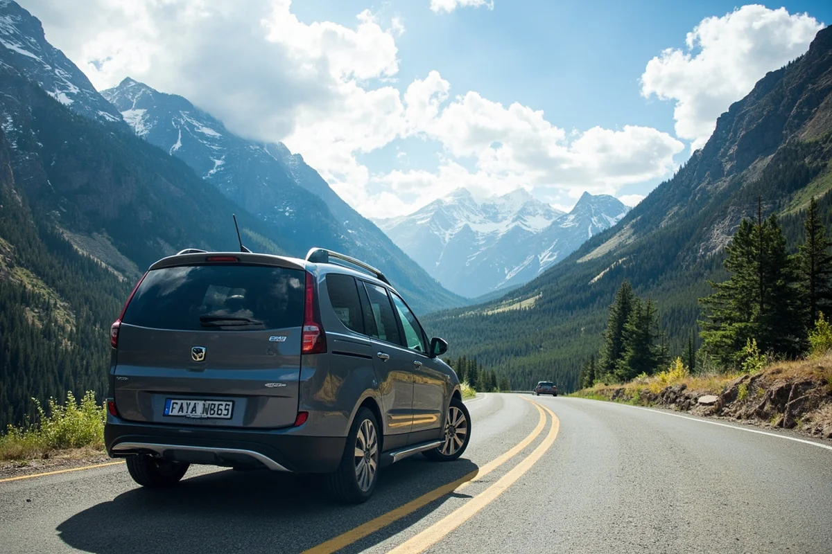 Going-to-the-Sun Road with mountain scenery and EV parked at overlook