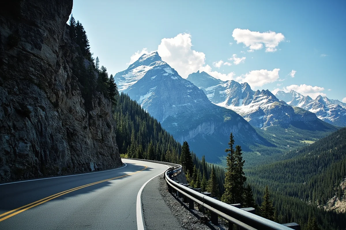 Going-to-the-Sun Road with steep cliffs and distant snow-capped peaks