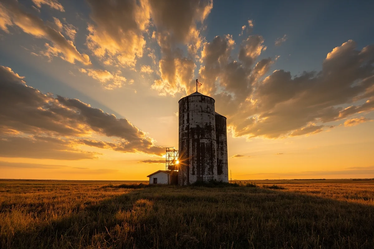 Golden hour photograph of a decommissioned silo site with dramatic prairie sky and long shadows across the grassland