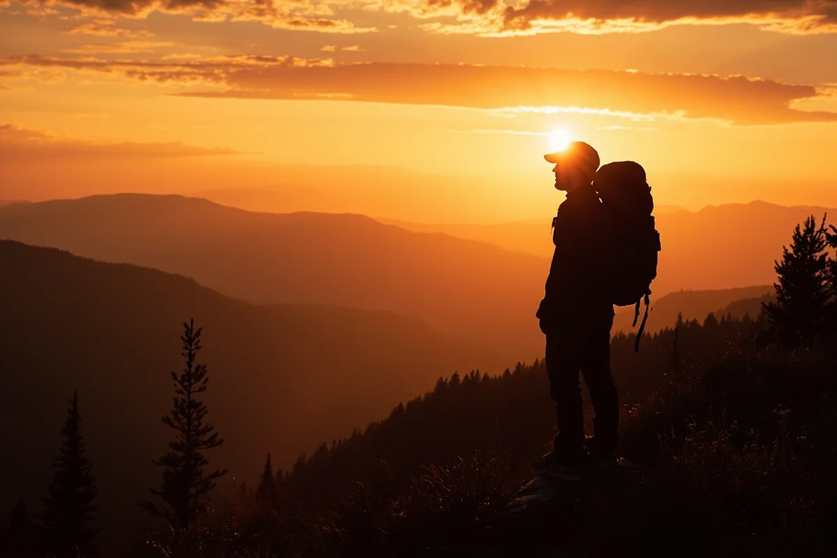 Golden hour sunset over Montana mountains with silhouette of hiker enjoying the view