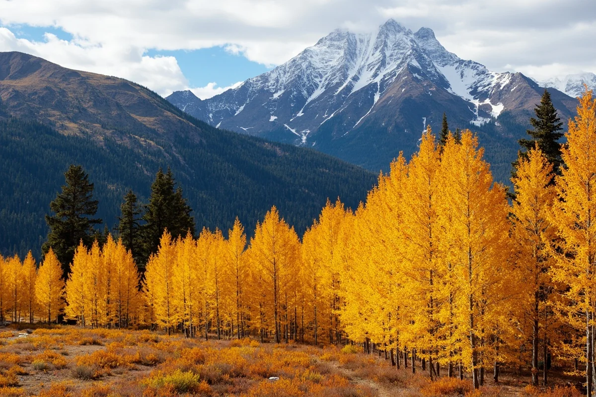 Golden larch trees against mountain backdrop in early fall near Seeley Lake