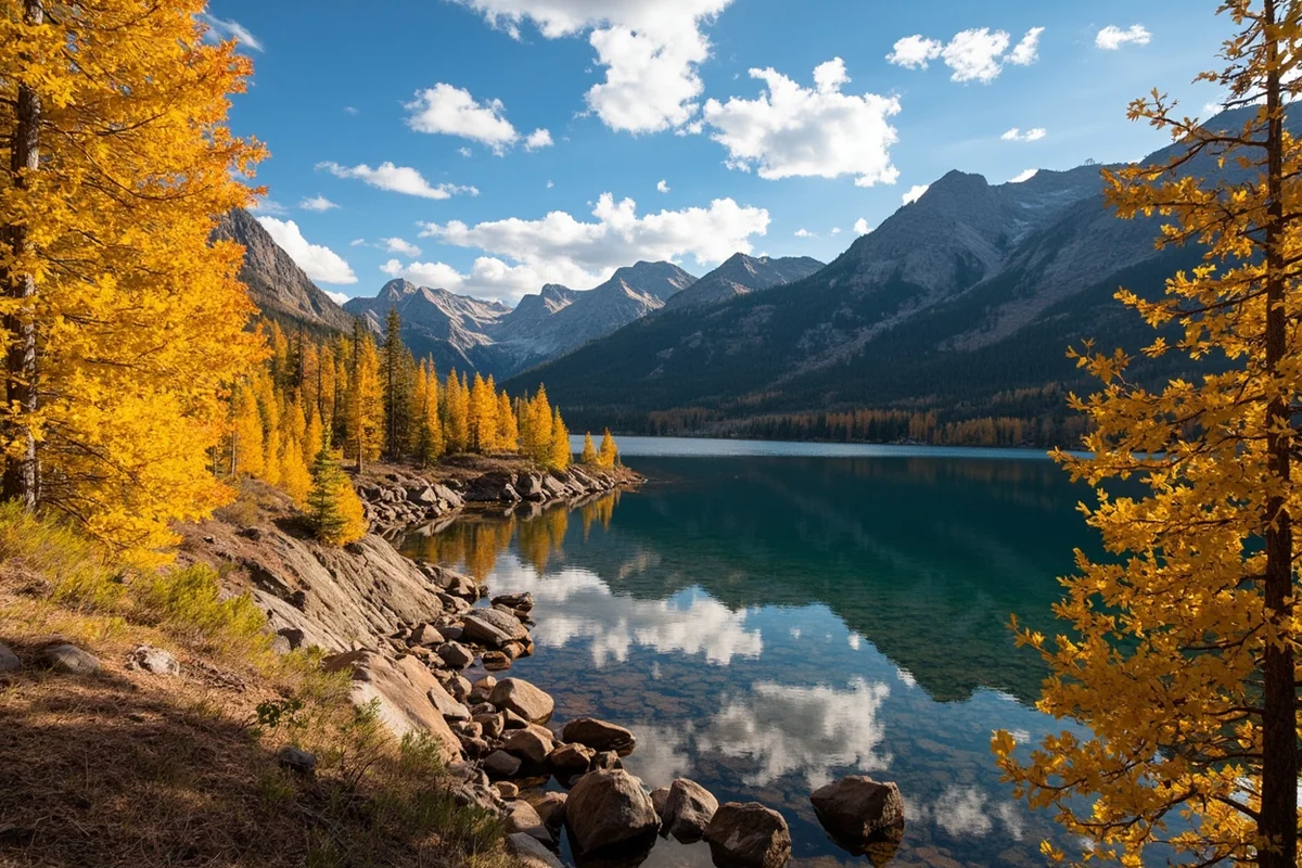 Golden larch trees along a Montana mountain lake in fall