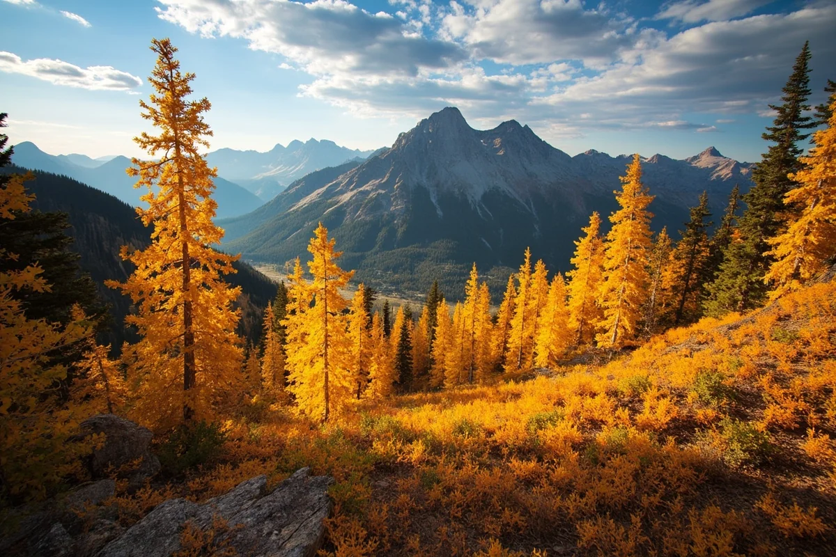 Golden larch trees along Highline Trail with Mountain peaks in background