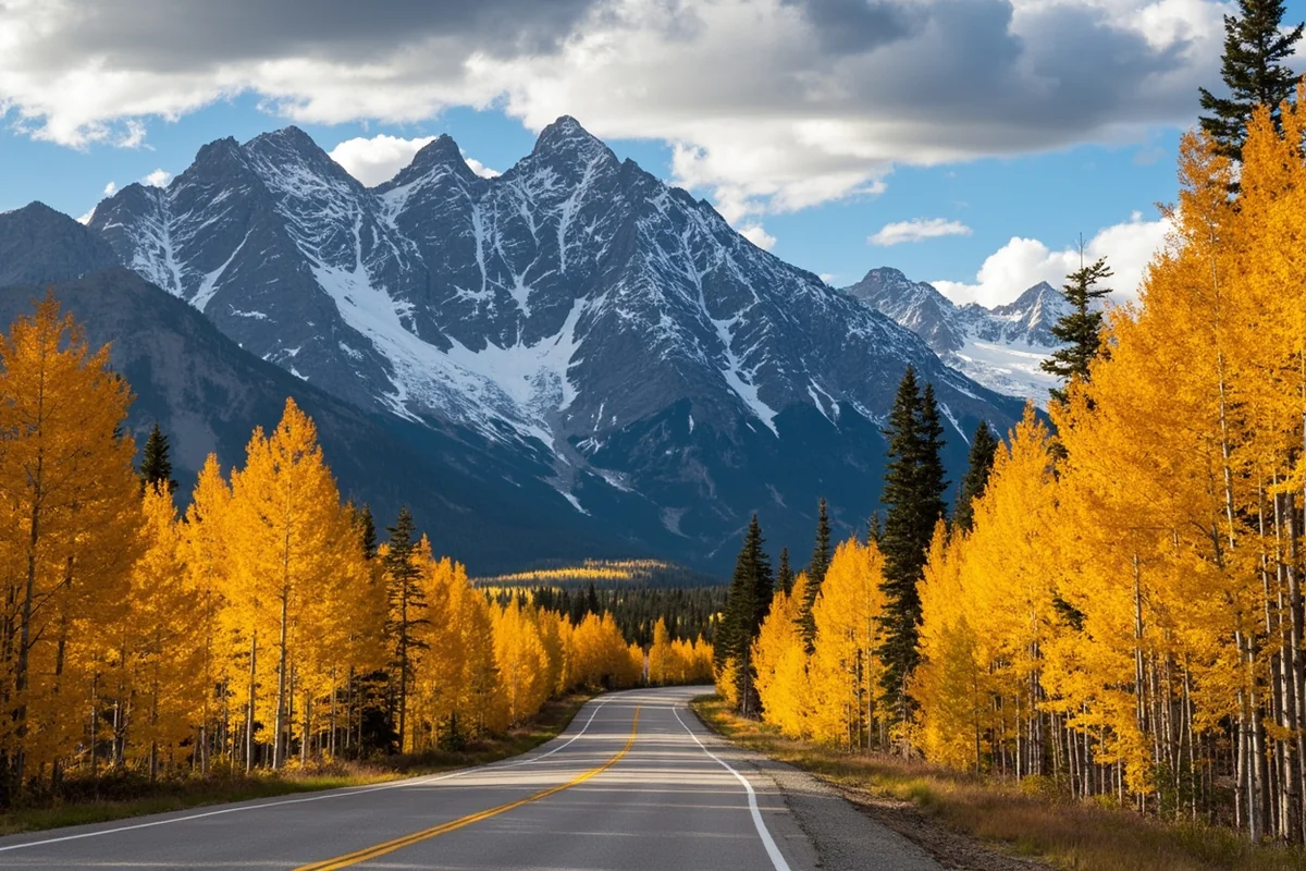 Golden larch trees along Highway 2 near Glacier National Park with dramatic mountain backdrop