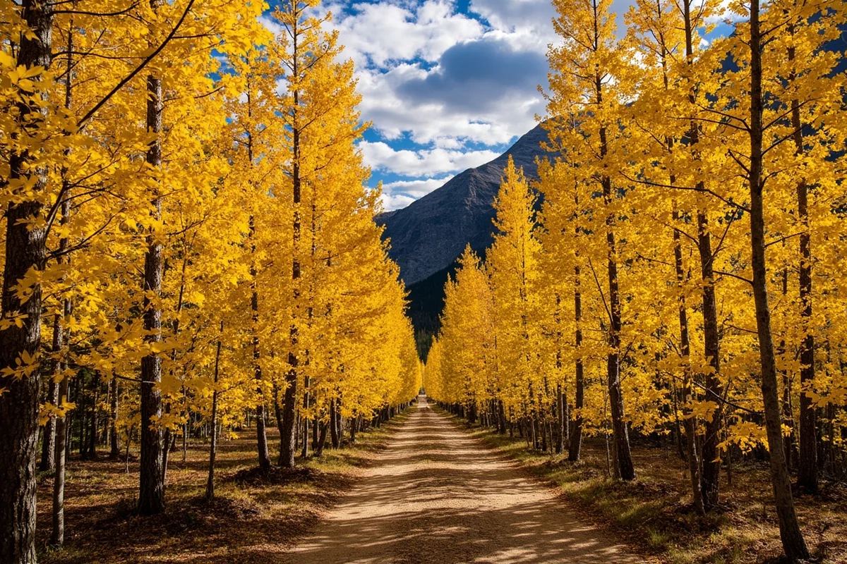 Golden larch trees along trail in Glacier National Park during September