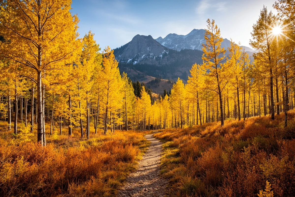 Golden larch trees and aspen groves along a Montana mountain trail in early October