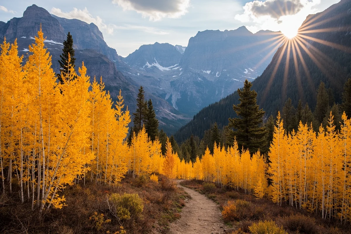 Golden larch trees in fall along a Montana mountain trail