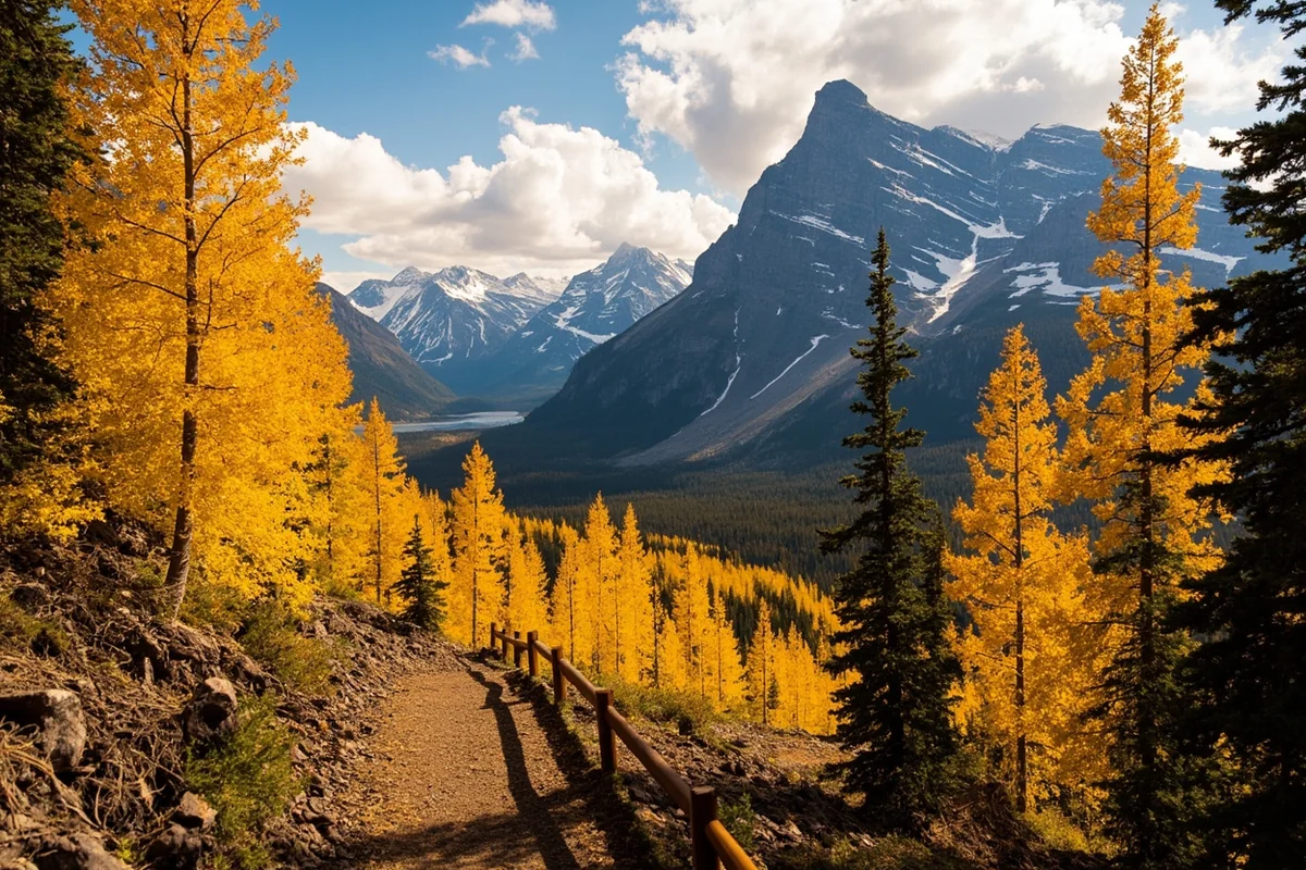 Golden larch trees in fall colors along a Glacier National Park trail