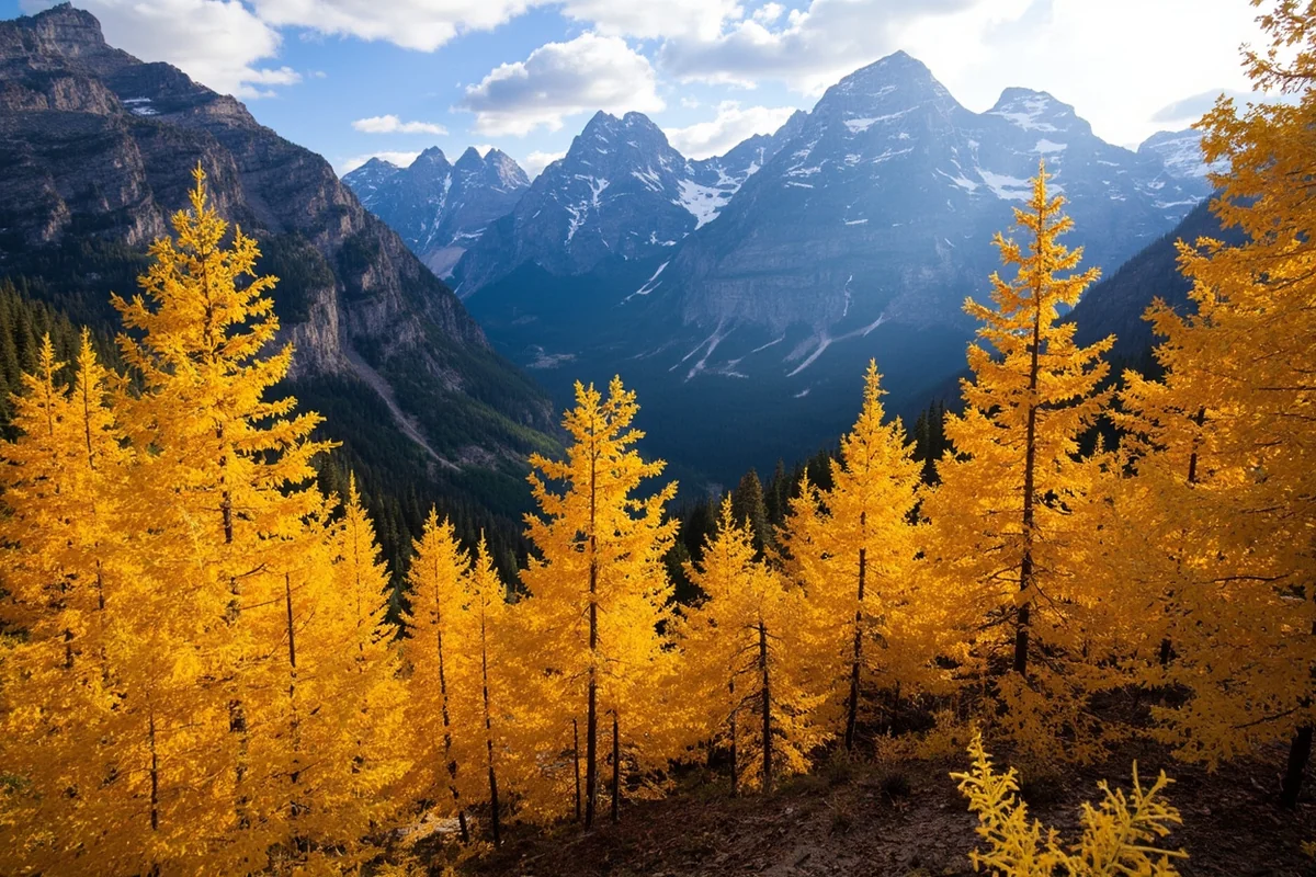 Golden larch trees on a mountainside in Glacier National Park during September