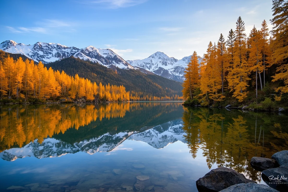 Golden larch trees reflected in Seeley Lake with snow-dusted peaks in background
