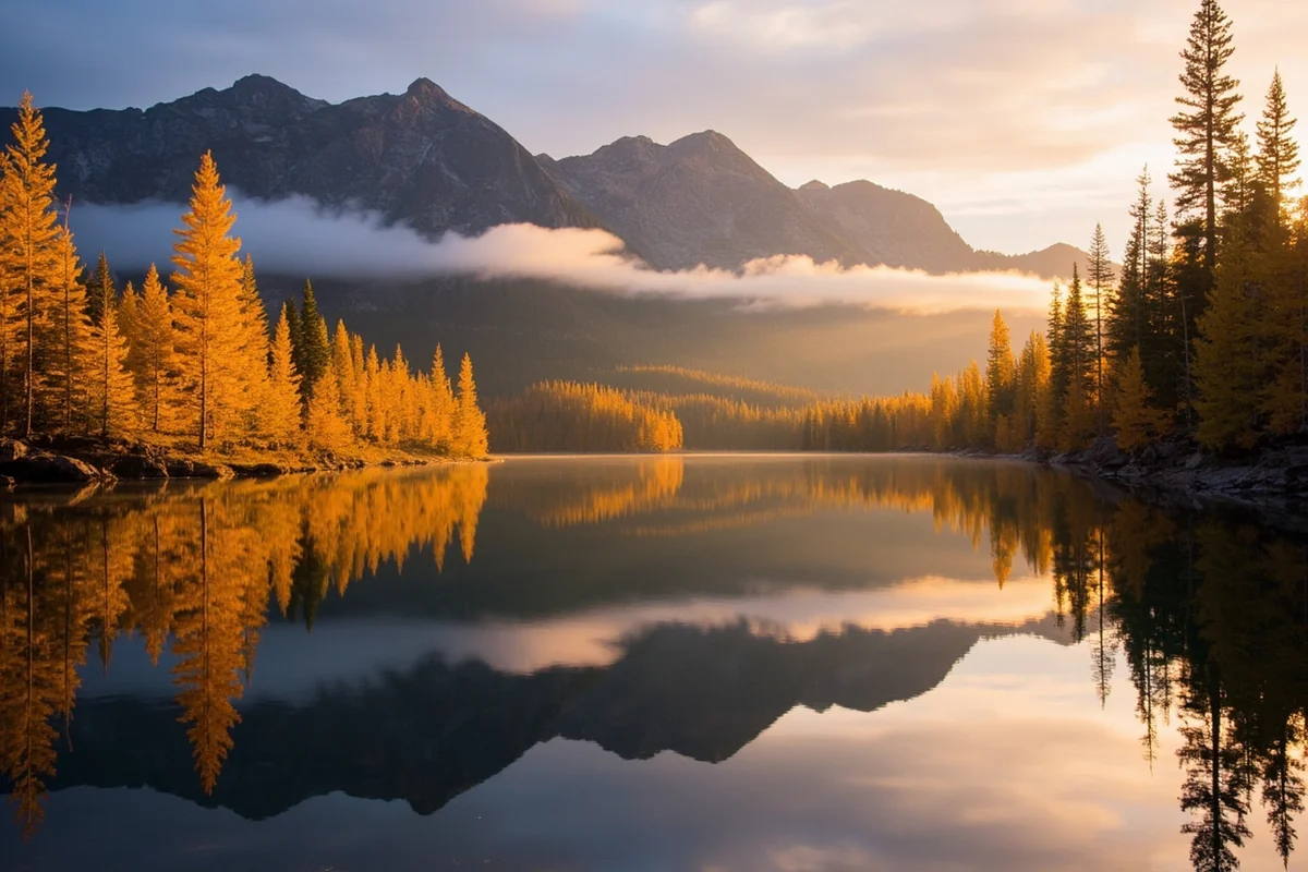 Golden larch trees reflecting in Lake McDonald at sunrise with misty mountains in background