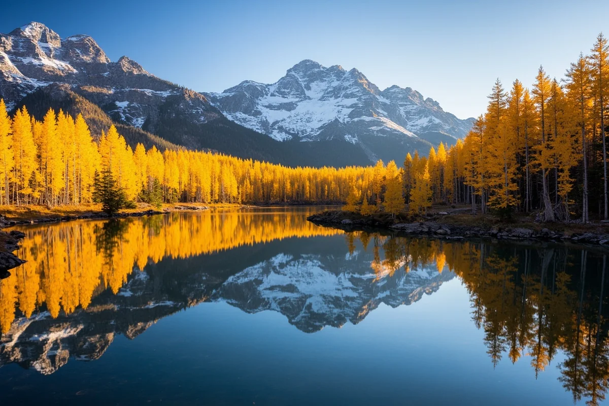Golden larch trees reflecting in Two Medicine Lake with early snow on distant peaks