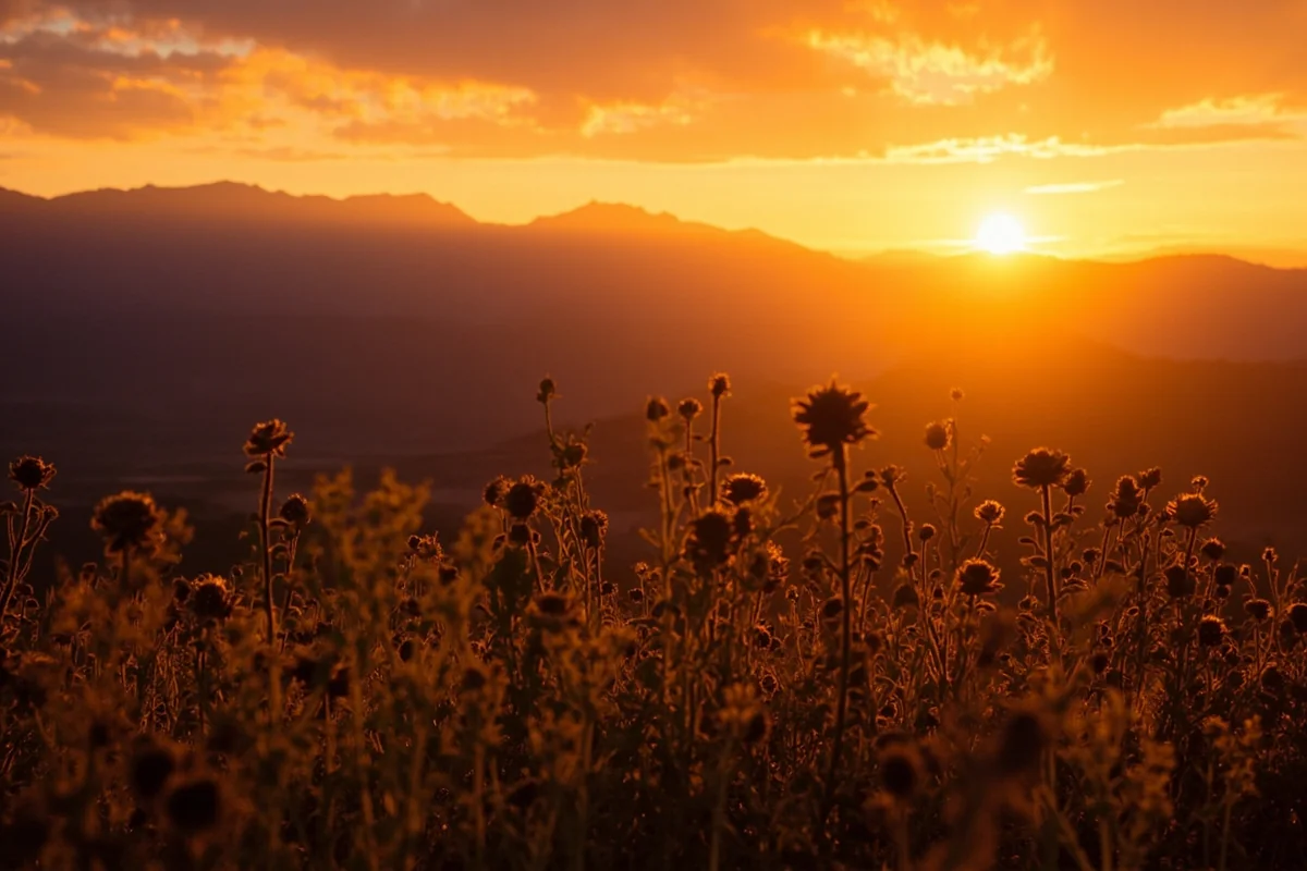 Golden sunset over Montana mountains with silhouetted wildflowers in foreground