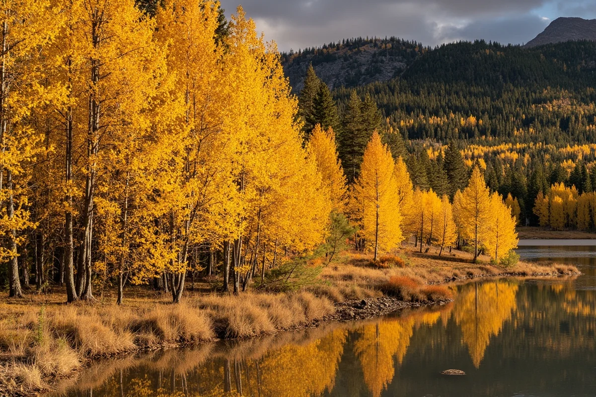 Golden western larch in fall colors with evergreen backdrop near Seeley Lake