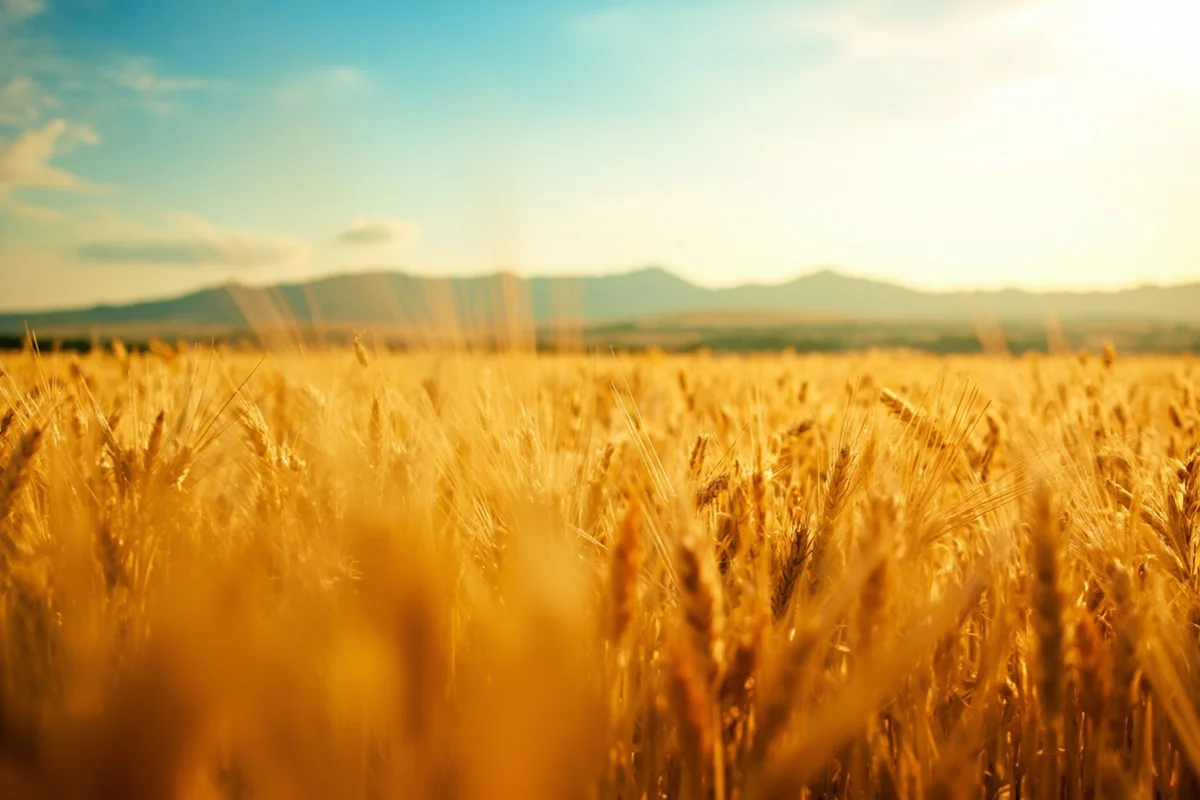 Golden wheat fields during harvest season with distant mountain backdrop
