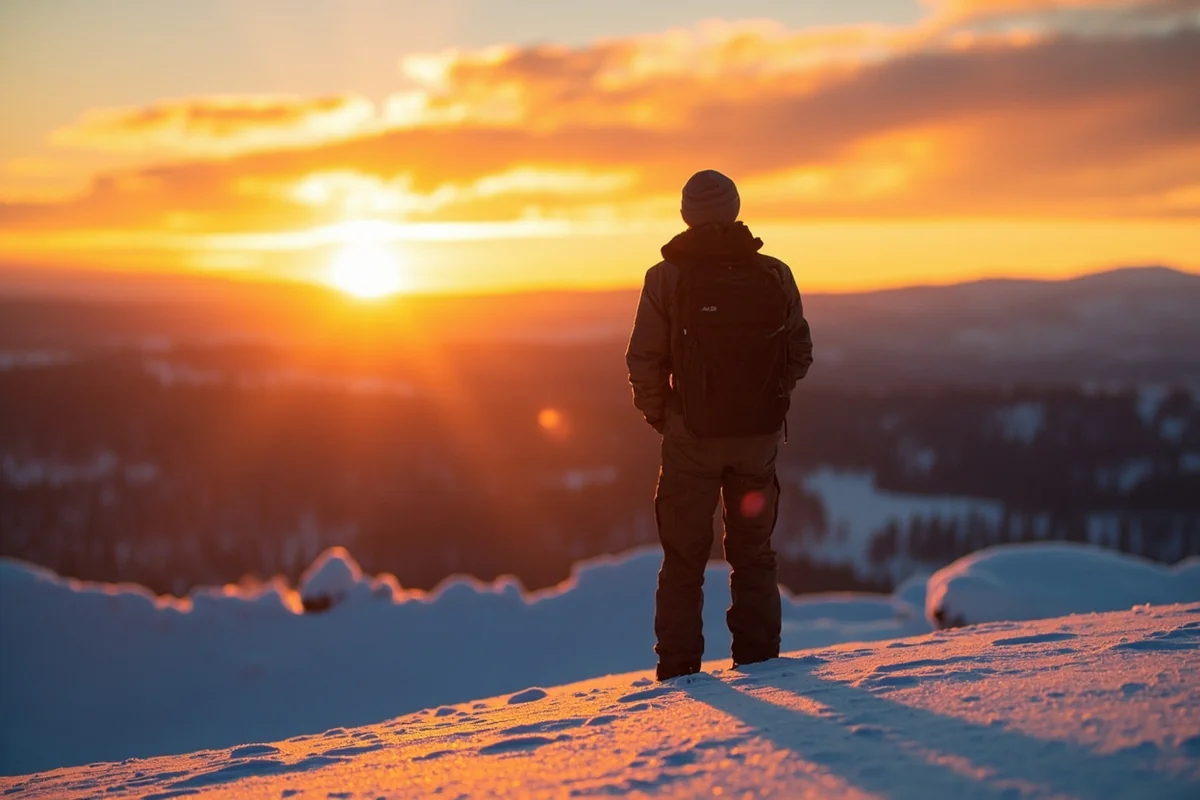 Golden winter sunset over snow-covered Montana landscape with properly dressed visitor enjoying the view
