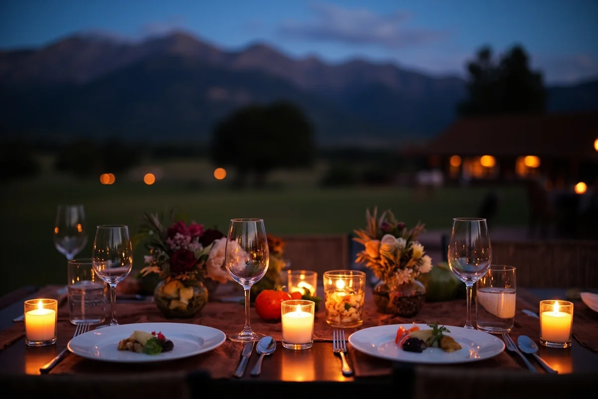 Gourmet dinner setup on ranch property with candles and mountain twilight background