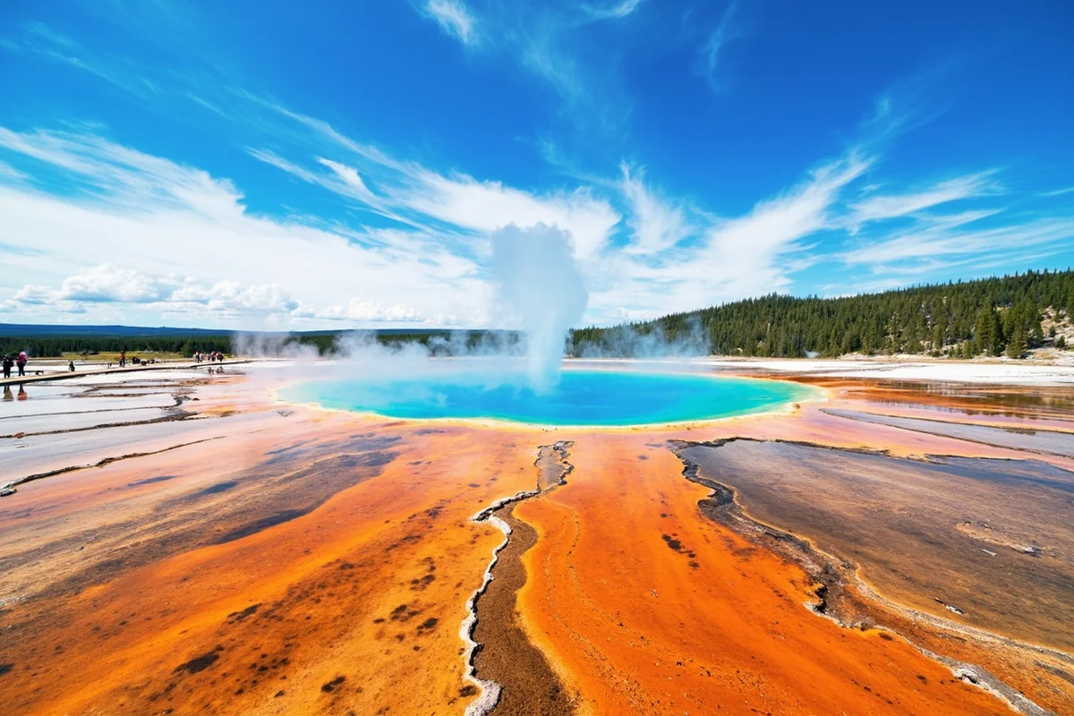 Grand Prismatic Spring at Yellowstone National Park with boardwalk and visitors