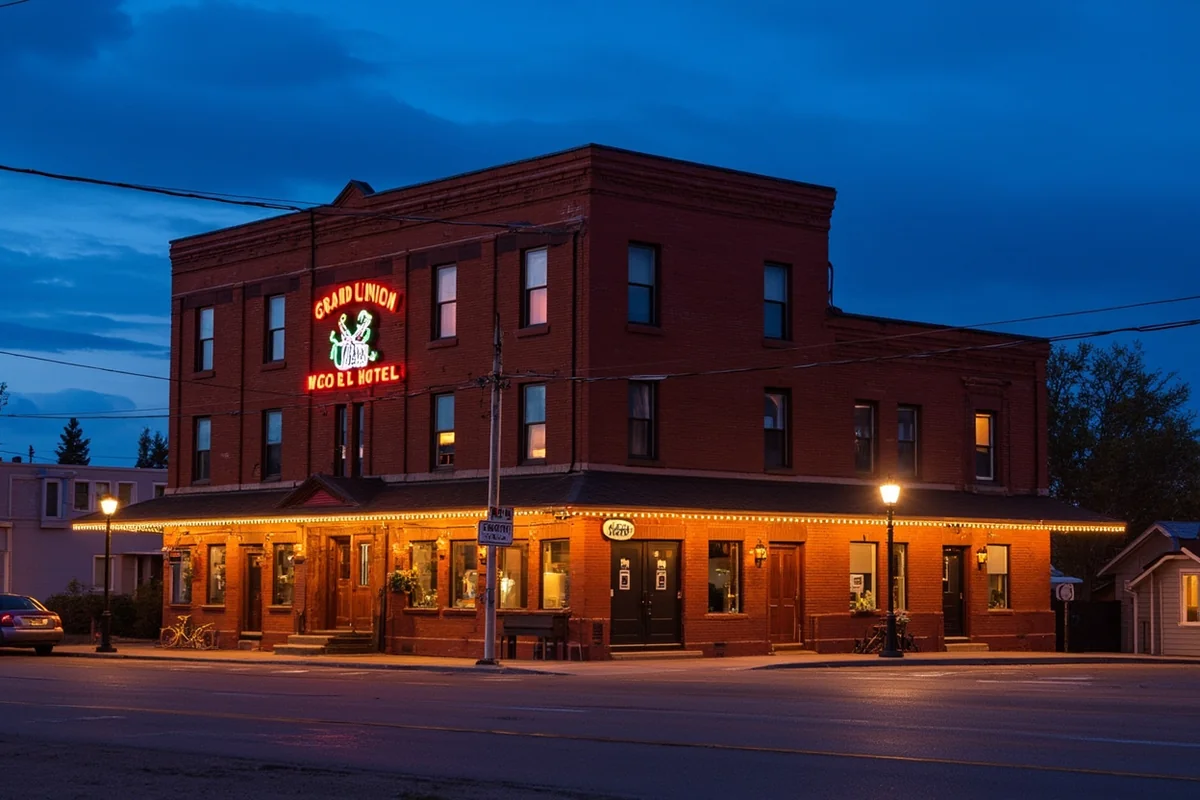Grand Union Hotel exterior at twilight in Fort Benton, Montana, showing Victorian architecture with atmospheric lighting